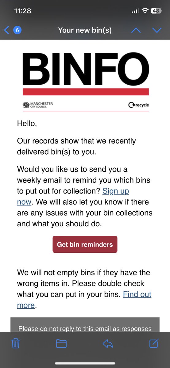 Well @ManCityCouncil you would be wrong…..there is no sign of the new bin I ordered at all. Just like there wasn’t last time I requested one too…..so no, weekly recycling emails are probably not much use at this point 😡