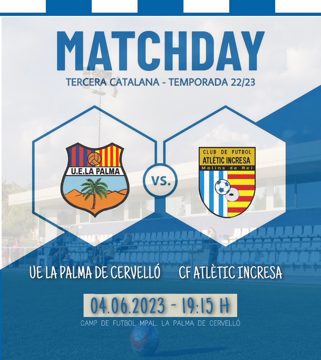 Primer equip | Jornada 33

⚽️⚔️ MATCH DAY⚔️⚽️ 

🆚 <a href="/UELAPALMA/">U.E. LA PALMA</a> 
📅 Diumenge 4 de Juny
⏰ 19:15
🏟️ Camp de futbol Mpal. La Palma de Cervelló 

#Sisasisa #SentimentIncresa #3cat8