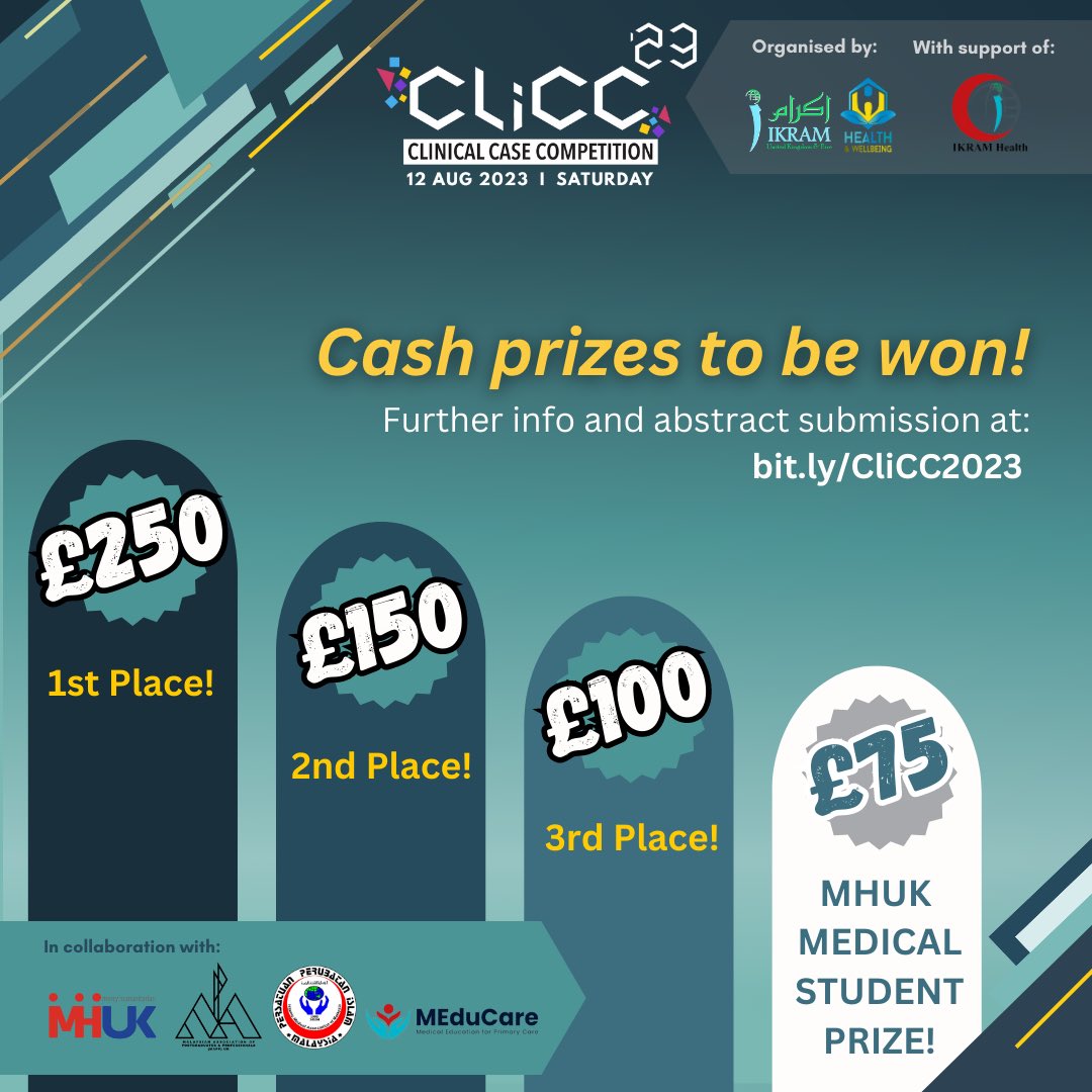 HWB_ikramuke's tweet photo. 🥁CliCC 2023: Special Announcement📢

We have amazing news for medical students today!🎉

As we highly value participation from our fellow medical students, we are proud to announce that our collaborator @mhuk_mercy will be sponsoring our special ✨MHUK Prize for Medical Student https://t.co/tw1dK7NIku