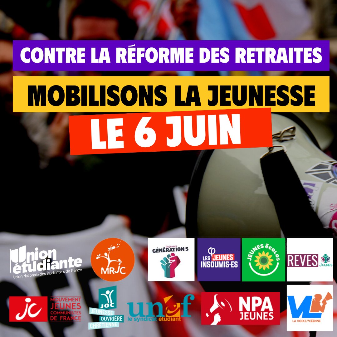 Le 6 juin, déferlons par millions contre la réforme des retraites, Macron et son monde !

Face à la répression du mouvement social et aux attaques autoritaires à notre démocratie, faisons entendre la voix unitaire de la jeunesse !