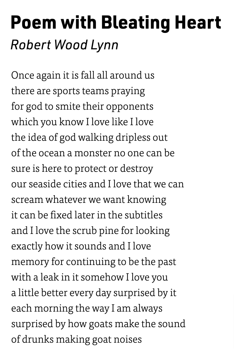 winningwriters's tweet image. "Poem with a Bleating Heart" by @RobertWoodLynn | poems.com/poem/poem-with… via @Poetry_Daily and @SixthFinch