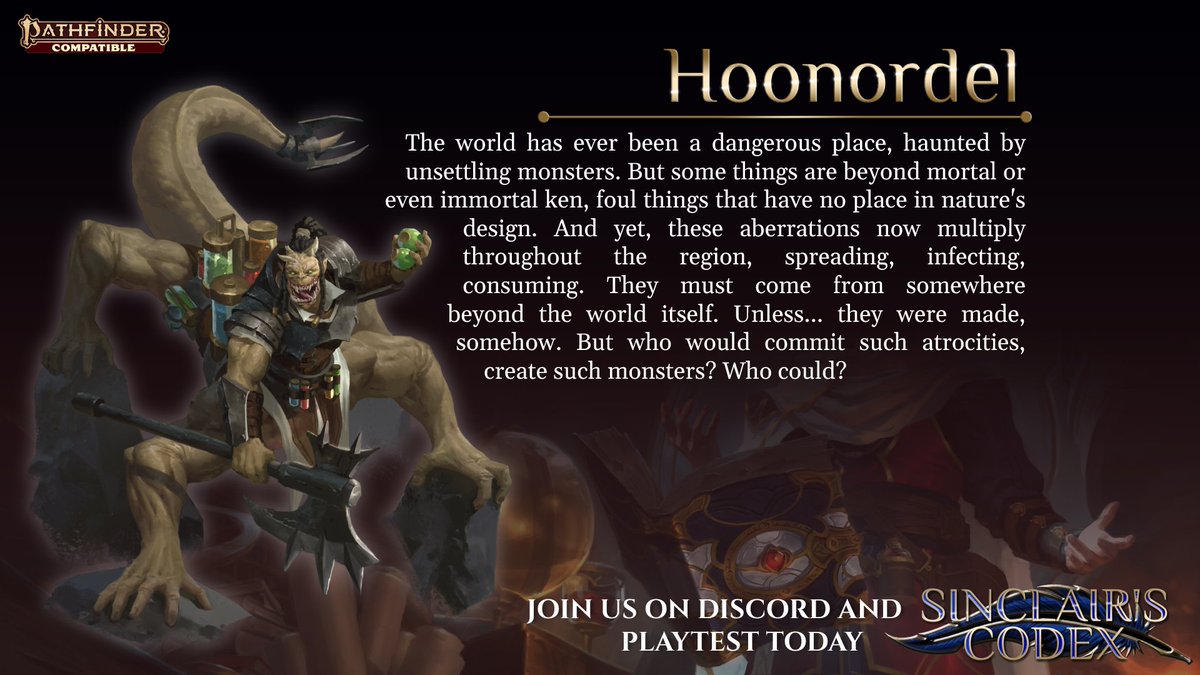 LibrarySinclair's tweet image. As if the world wasn&apos;t dangerous enough.
Someone has been transforming, mutating creatures; creating ever more dangerous Chimaera.
Do you want to find out more? Join the Sinclair&apos;s Library Discord and playtest it today!

#sinclairslibrary #ttrpg