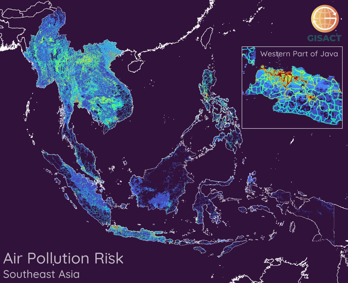 #ClimateChange #Vulnerability - #AirPollution in #SoutheastAsia - A map of air pollution risk, purple-green-red is low-moderate-high risk.
Paper: doi.org/10.1016/j.scit…
Geoplatform: gisact.org/geoplatform/mu…
#MapPromptMonday #QGIS #DataViz