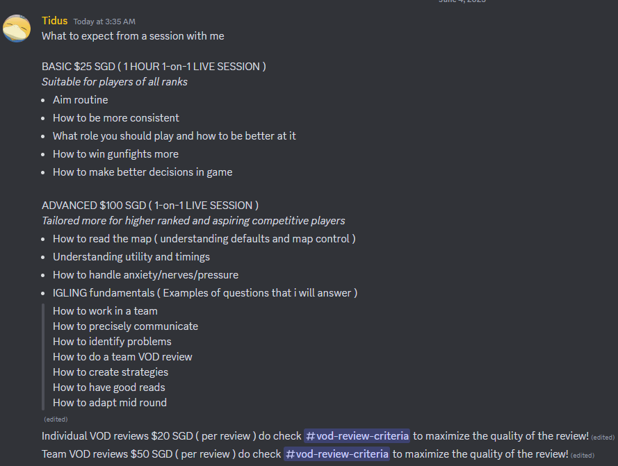 Hi everyone! to all that's interested in getting coaching from me / VOD reviews, I've made a discord server to facilitate it. Also doing afew free trial sessions!

Feel free to drop me a DM if you have any enquiries 🤓

Like &amp; RTs much appreciated 🙏🙏

discord.gg/vKZDe9TSUW