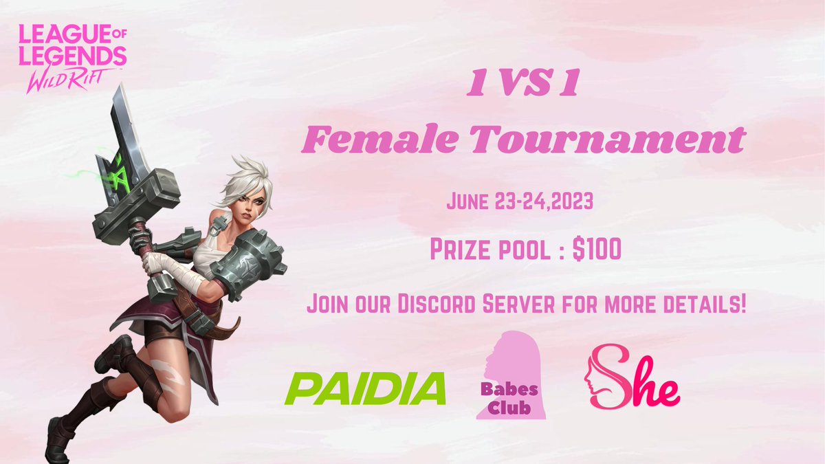 Hello everyone! 💗
The registration for the 1vs1 Female Tournament is available on @PaidiaGaming website :
paidiagaming.com/tournament/she…
#WildRift #SheforFemalePlayers