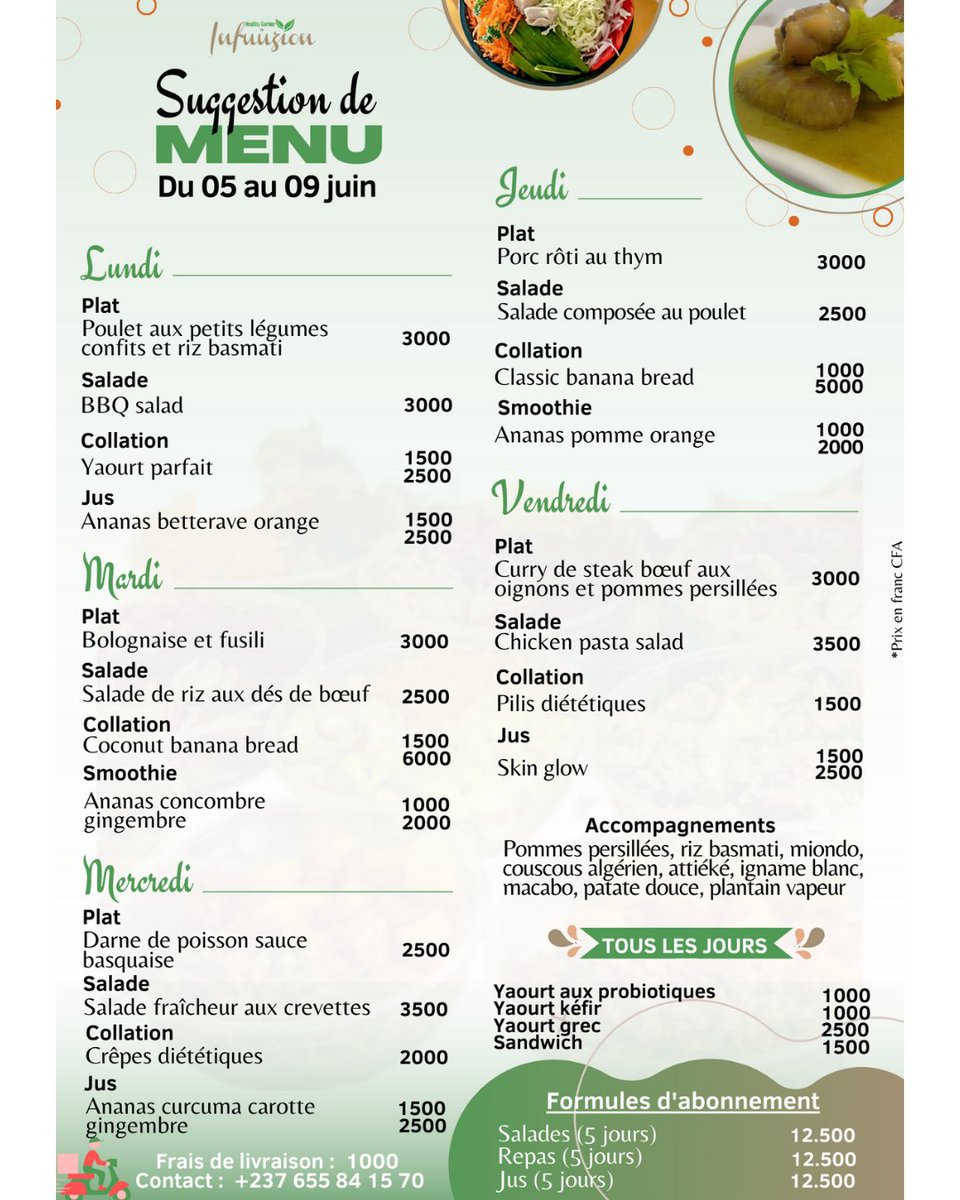 infuuzion's tweet photo. Variez les plaisirs et les nutriments au quotidien avec Infuuzion, et assurez-vous une semaine pleine de peps.

☎️ 655 84 15 70
📍 Yaoundé-Omnisports

#healthycorner #healthymenu #weeklymenu #menu #menudelasemaine #mangersain #healthyrestaurant #restaurantyaounde https://t.co/0oSgc2oh50