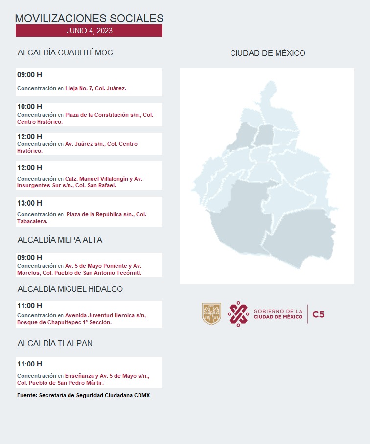 ⚠#ENTÉRATE | Para hoy, 4 de junio 2023, estas son las movilizaciones sociales previstas en la Ciudad de México.  #C5ConConfianza #MovilidadCDMX