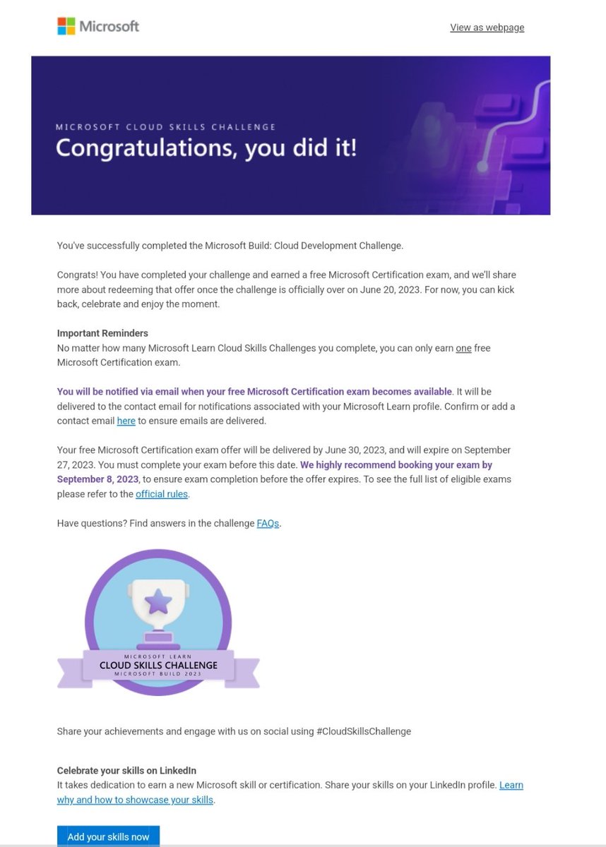 After 30+ hours, I'm glad to say that I have successfully completed the #MSBuild #CloudSkillsChallenge - Cloud Development Challenge on @MicrosoftLearn. Can't wait to take the certification exam soon!!