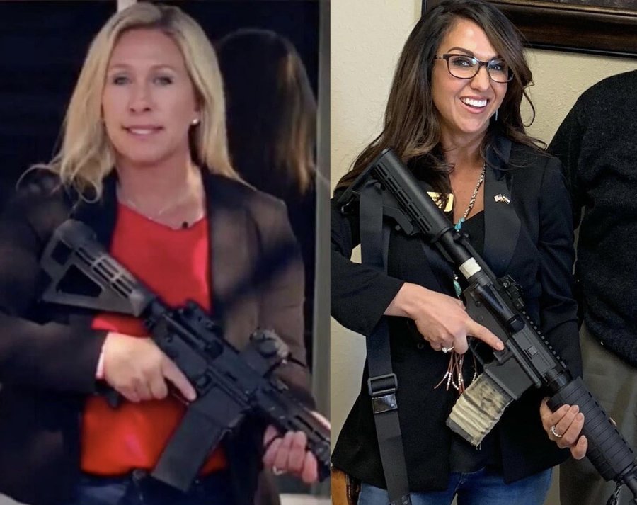 A video still of the shooter's gun in the Texas mall shooting appears to be an AR-15-style rifle. 

The SAME gun brandished by GOP radicals like Marjorie Taylor Greene and Lauren Boebert. 

The SAME gun is worn as a pin on the lapels of disgusting GOP lawmakers. 02