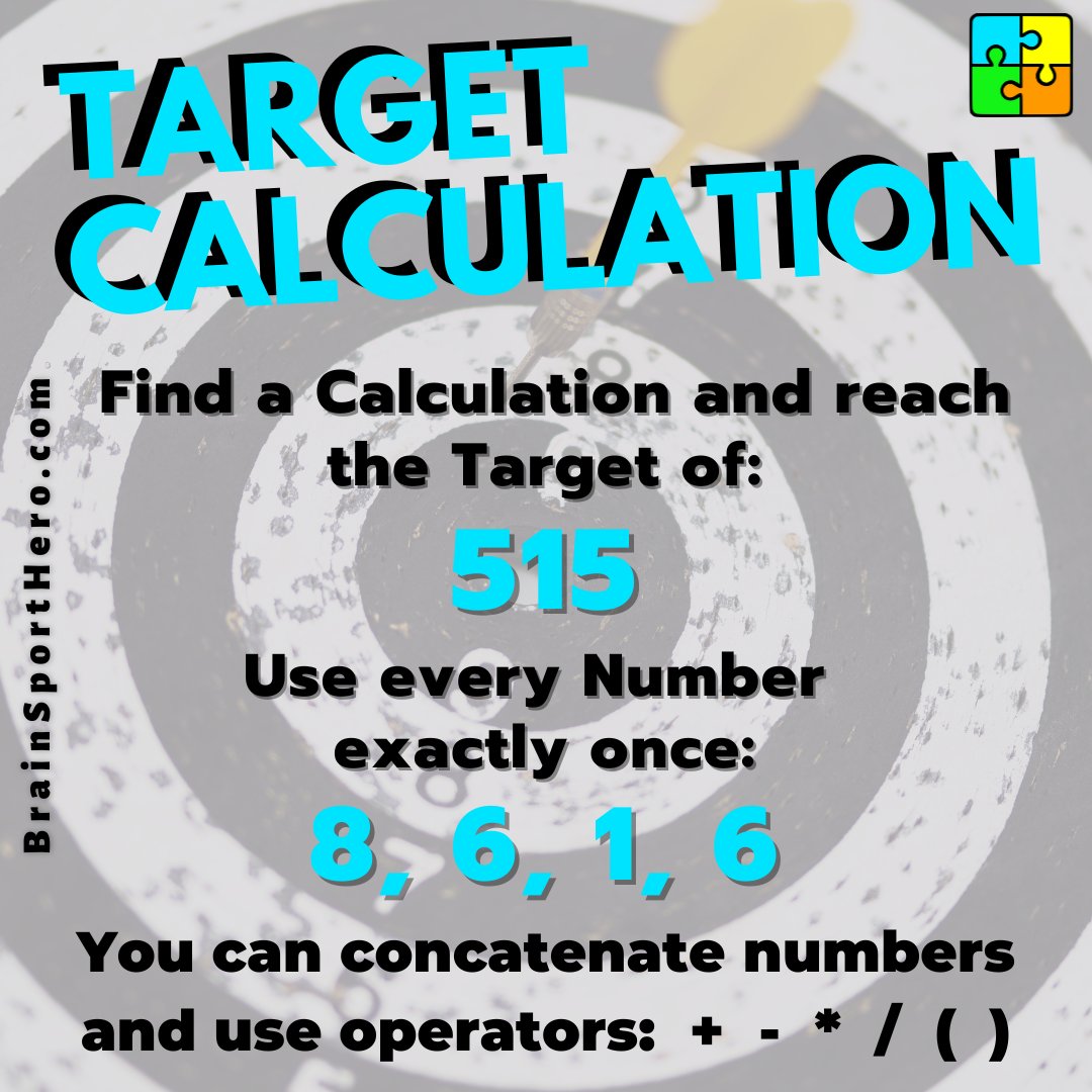 BrainSportHero's tweet photo. Find a Calculation &amp; reach the Target of:
515
Use every Number exactly once:
8, 6, 1, 6
Concatenate numbers &amp; use: + - * / ( )
#Puzzle #Game 
https://t.co/iFOVZplqGj
#IndieGames #IndieDev #braintraining #brainteaser #braingame #puzzles #screenshotsaturday #Math   #puzzles #fun https://t.co/RwaglvP8ln