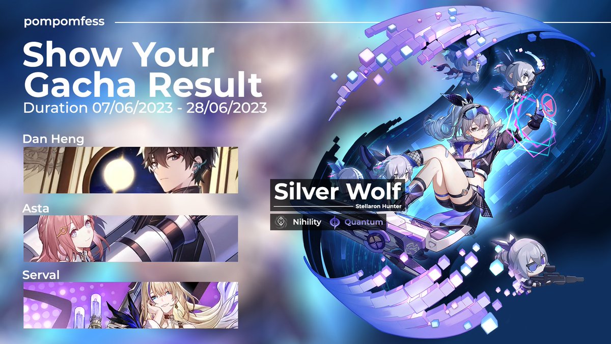 Halo, Trailblazers 🚂✨

Show Your Gacha Result! 
Share hasil gacha Silver Wolf dan Lightcone nya di kolom komentar tweet ini supaya tidak menimbulkan spam gacha di timeline ya~