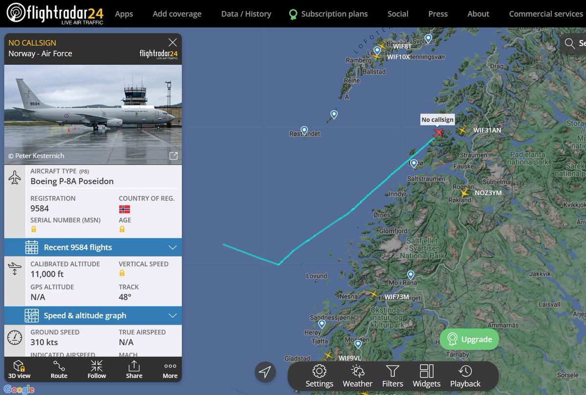 #Norway #BoeingP8APoseidon as seen through #flightradar Heading towards exercise area in #NorwegianSea 04 Jun 23:09:20 UTC & returning towards base at 11:30 UTC after exercising with #CVN78 & its accompanying ships. @MT_Anderson @CeciliaSykala @Supbrow @ryankakiuchan @Moochikal