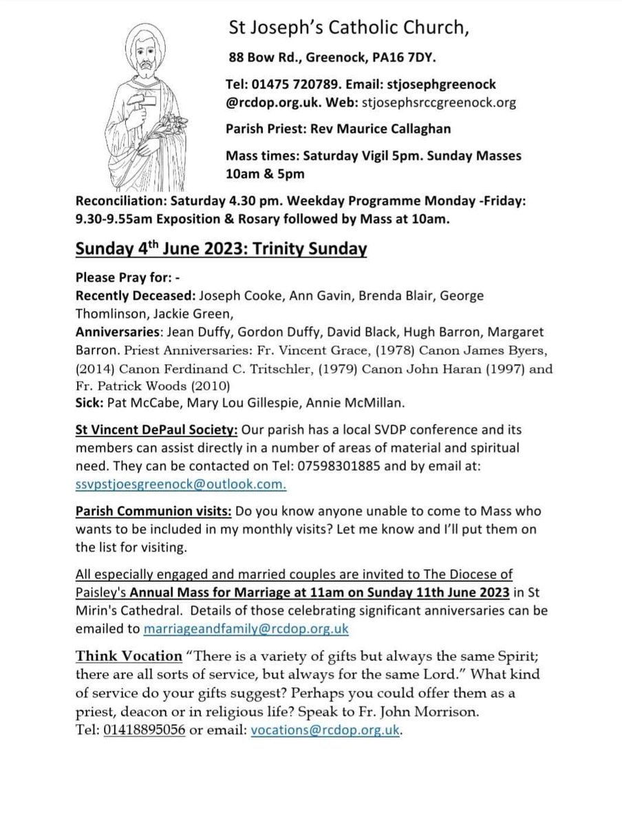 <a href="/St_JoesGreenock/">StJoseph’sParishGreenock</a> Parish Bulletin 

Trinity Sunday - Sunday 4th June 2023