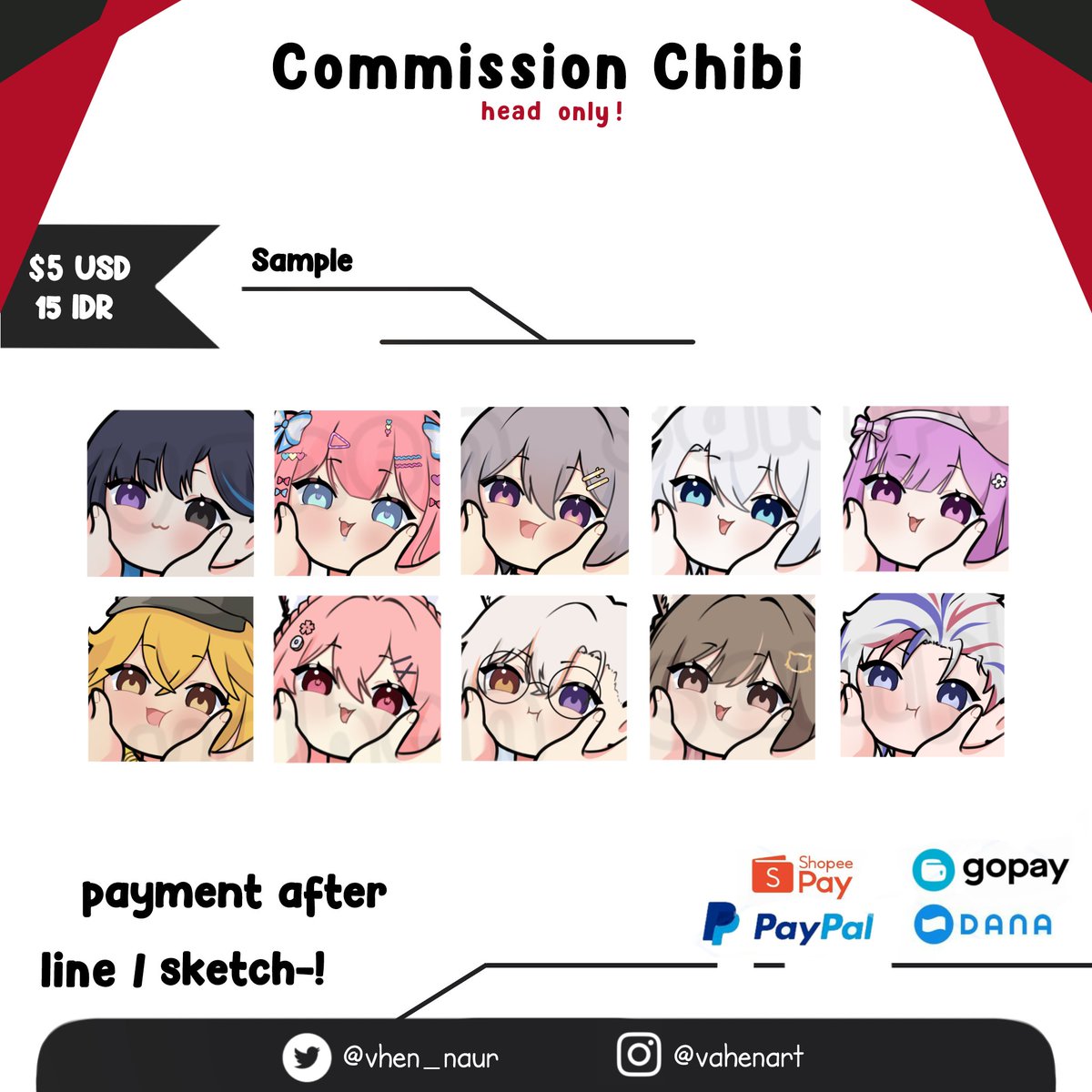 🔔OPEN COMMISSION 🔔

• RT & Like are very appreciated 💕
• unlimited slot! 

Holla! I'm open commission chibi for local and international. Just DM if you have any questions or anything else you'd like to ask.

#commissionsopen #Chibi