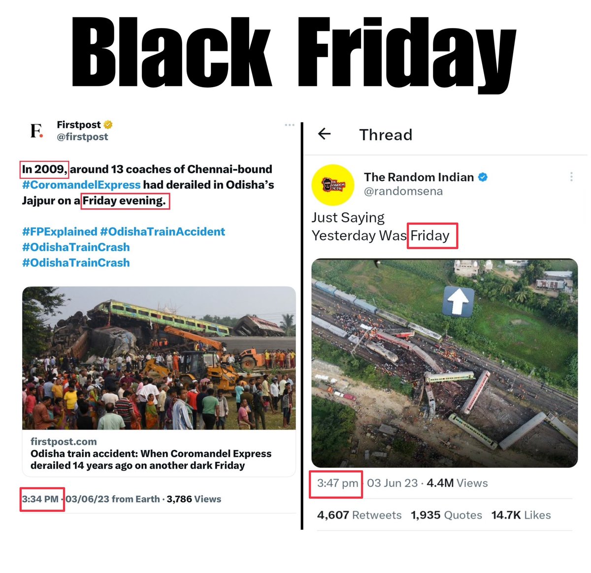 In 2009, same train, Coromandel Express got derailed in Odisha, on a Friday. Same train, same state, same day. That’s what I meant by the ‘Friday’ reference but my tweet was misinterpreted by many. So, I’m deleting my tweet to put an end to all of this. But it was actually a…