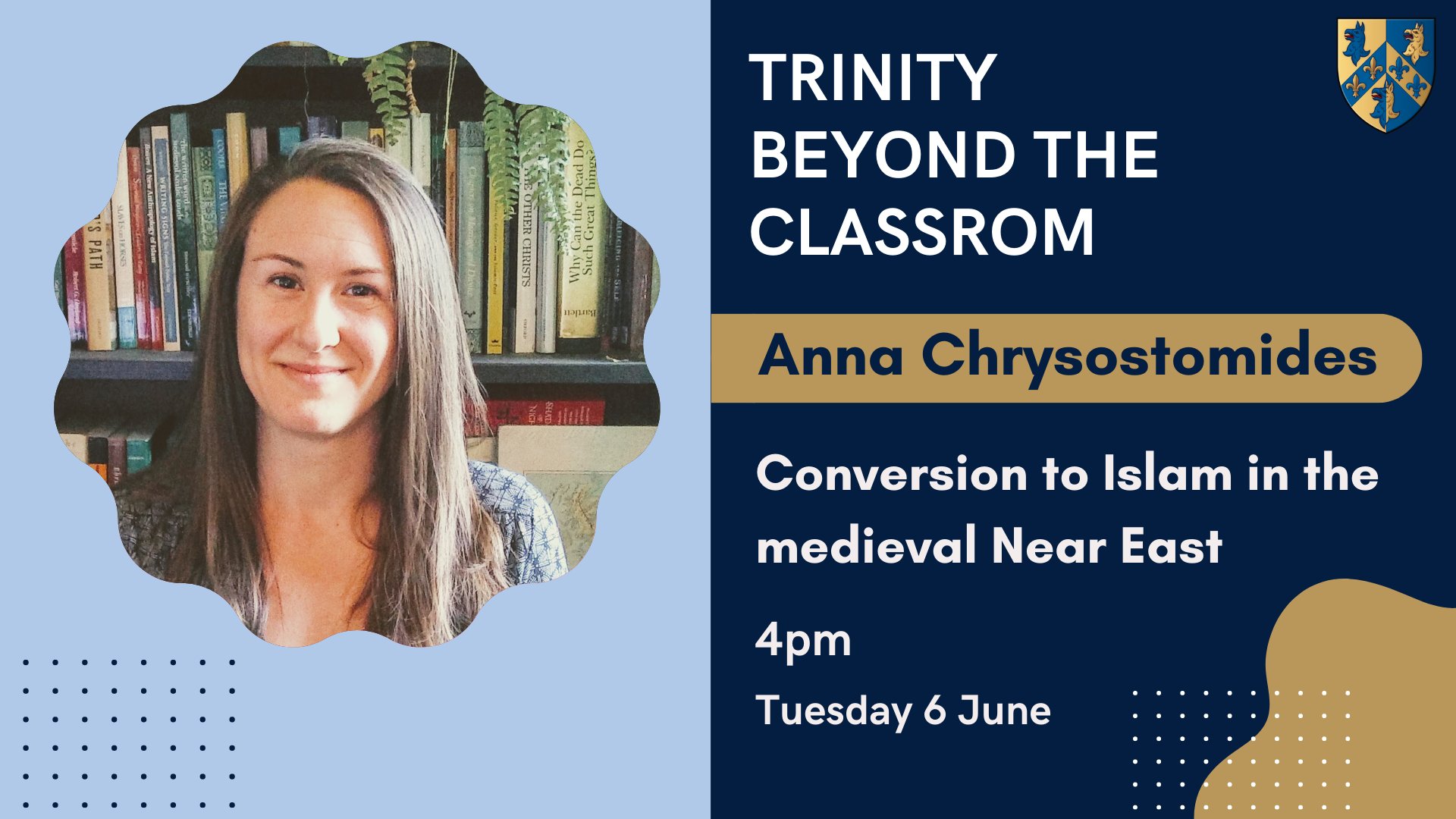 A graphic advertising Anna Chrysostomdes' talk on Tuesday 6 June at 4pm.