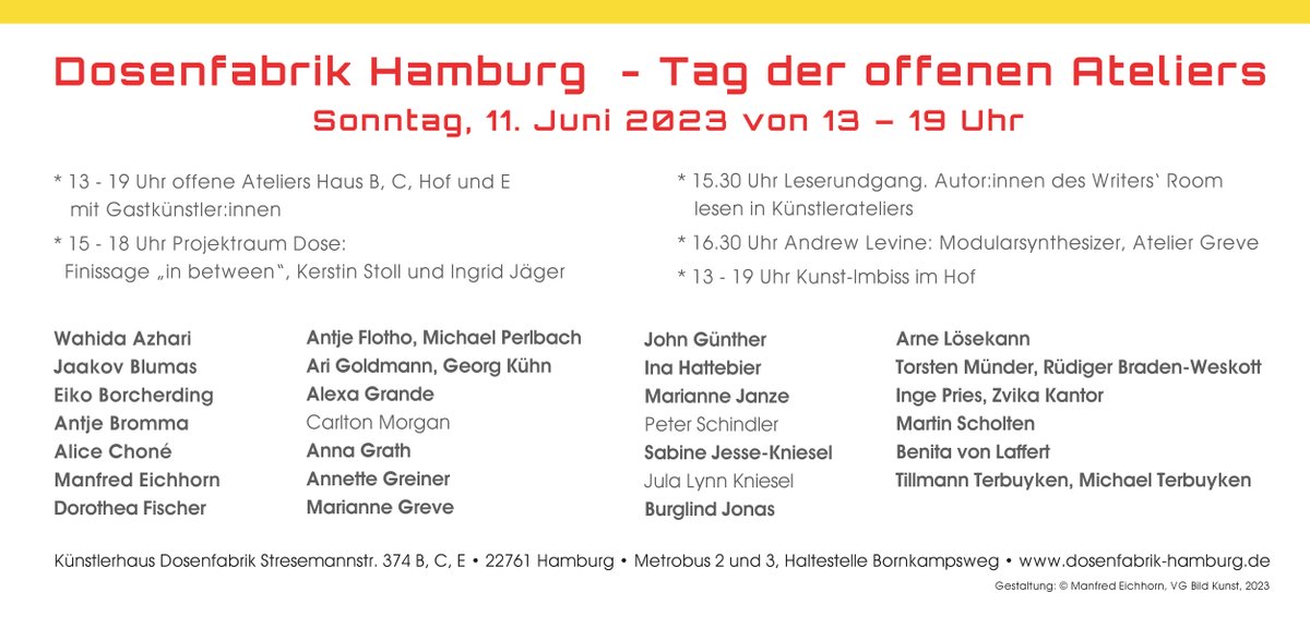 Kommenden Sonntag, 11 Juni von 13-19 Uhr!
Tag der Offenen Ateliers in der Dosenfabrik! 💞
Um 15:30 Leserundgang mit Autor*innen des writers' room! Kommt vorbei!
