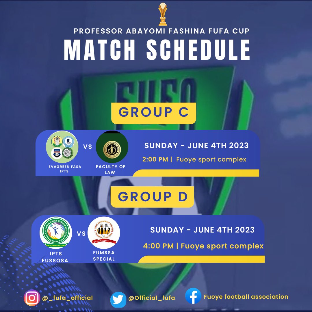 OFFICIAL_FUFA's tweet photo. Do not miss the exciting moment of action today.

Matchday 3 of Professor Abayomi Fashina #FufaCup holds at the Fuoye sports complex.

Who will win.

drop your predictions in comment section.

#FufaCup
#FuoyeSports
#IelAutos
#fuoye
#fuoyehottest
#fuoyenews https://t.co/S6UhMehMrz