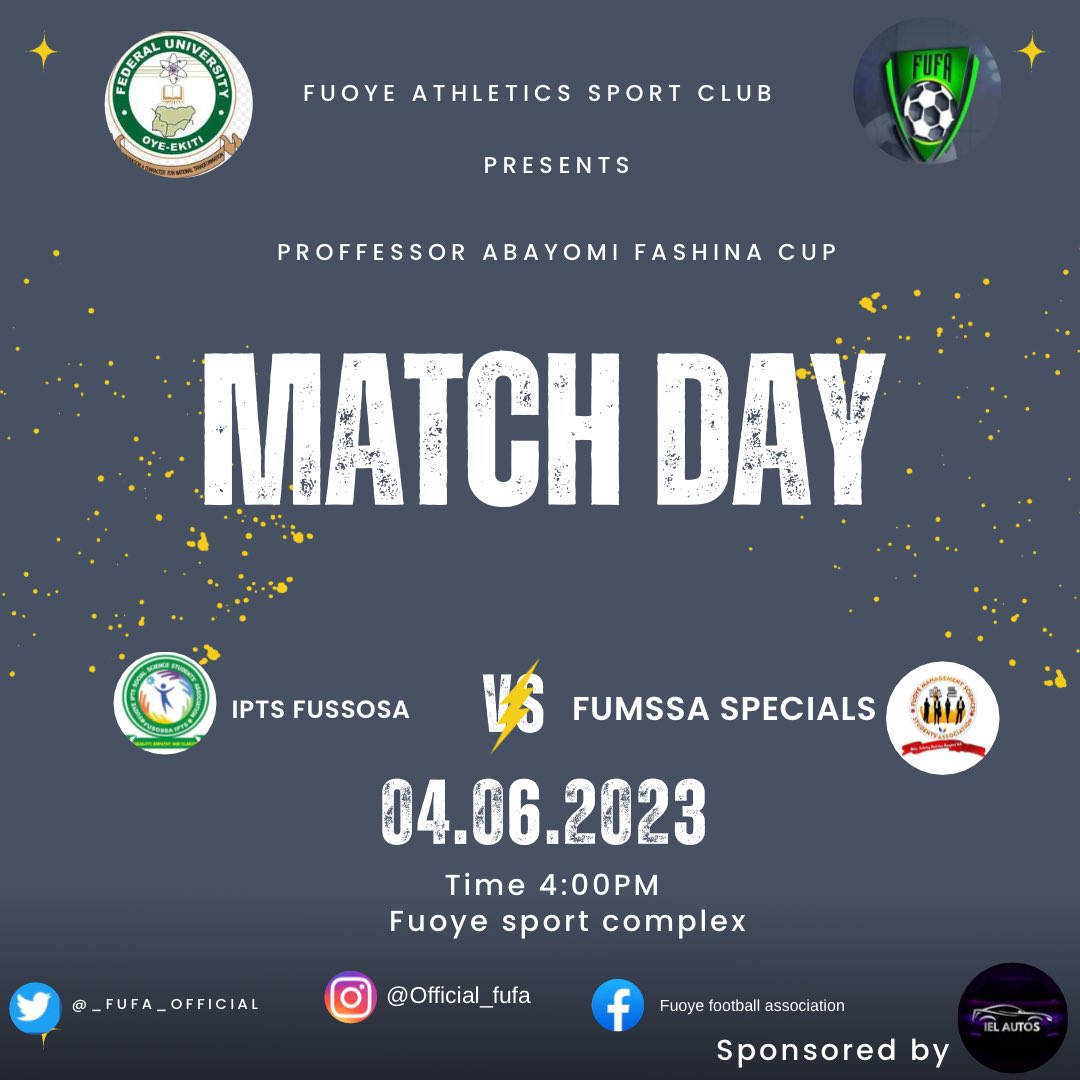 OFFICIAL_FUFA's tweet photo. Do not miss the exciting moment of action today.

Matchday 3 of Professor Abayomi Fashina #FufaCup holds at the Fuoye sports complex.

Who will win.

drop your predictions in comment section.

#FufaCup
#FuoyeSports
#IelAutos
#fuoye
#fuoyehottest
#fuoyenews https://t.co/S6UhMehMrz