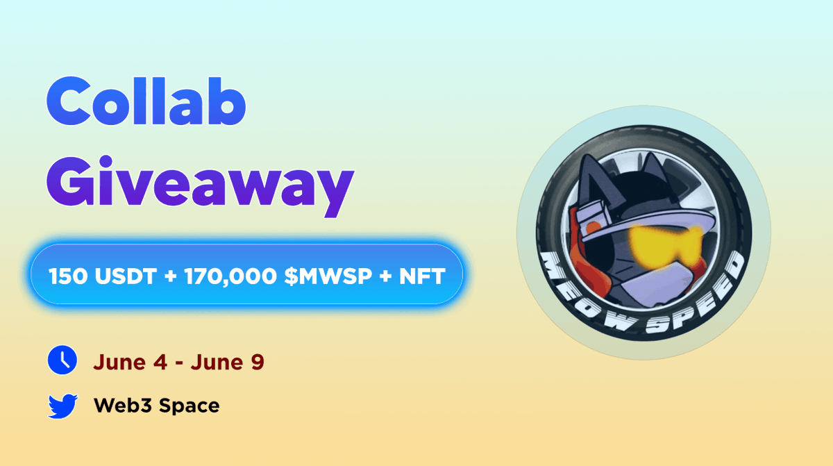 🤩 MeowSpeed × WEB3 Space USDT #Giveaway

🎁 Reward : 150 USDT + 170,000 $MWSP + NFT

TO ENTER:
◾️Follow <a href="/meow_speed/">MeowSpeed</a>
◾️Like, RT &amp; Tag 3 Friends
◾️Finish Gleam : wn.nr/PEJmrFB

⏰ 9th June

#Airdrops #AirdropCrypto #BSC #BNBChain #NFT #USDT #LFG