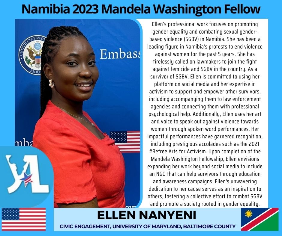 #Namibia, meet Ellen Nanyeni, one of our 2023 @WashFellowship (#YALI2023) Fellow. She will be studying Leadership in Civic Engagement at the University of Maryland, Baltimore County. 

#yali #mwf2023