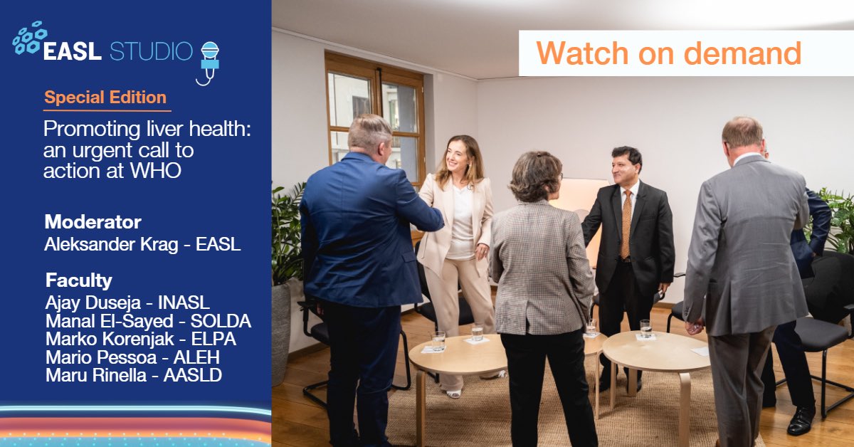 Now on demand: #EASLStudio✨Special Edition on the collective efforts of those who stand united to advocate that #fattyliver diseases are included in national & global policies
📺easlcampus.eu/videos/easl-st…
🎧easlcampus.eu/podcasts/easl-…
@EASLEUaffairs
#WHA76 #Together4Liver #EASLStudio