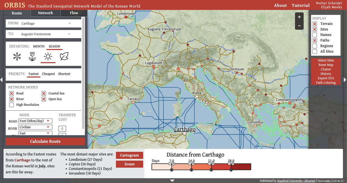 éduscol Lettres (@eduscol_lettres) on Twitter photo 🏺 #LCA | #Cartographie numérique
🔶 Voyager à l’époque de la #Rome antique : la plateforme ORBIS <a href="/Stanford/">Stanford University</a> permet de déterminer et d’évaluer les trajets sur les voies romaines en prenant en compte les moyens de transport, le coût, la météo.
👉 orbis.stanford.edu 🏺 #LCA | #Cartographie numérique
🔶 Voyager à l’époque de la #Rome antique : la plateforme ORBIS <a href="/Stanford/">Stanford University</a> permet de déterminer et d’évaluer les trajets sur les voies romaines en prenant en compte les moyens de transport, le coût, la météo.
👉 orbis.stanford.edu