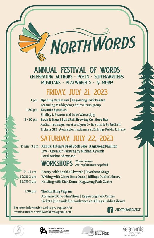 ClaireRossDunn's tweet photo. Excited to be part of the NorthWords Festival on Manitoulin July 21-22, 2023 with @dunn_kirk, @SophieAnneEdwa1, Shelley Pearen &amp; @CyCywink. Stay tuned!
@ONArtsCouncil @CanLit #ManitoulinIsland #4ElementsLivingArts @SplitRailBrew @invisibooks #theknittingpilgrim #AtLastCount https://t.co/jgICEGvFmj