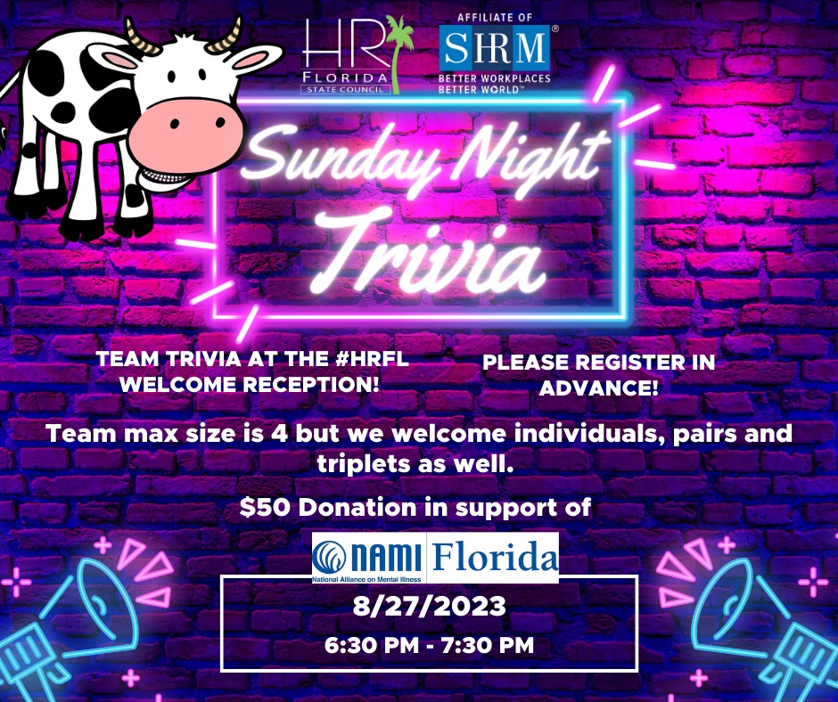 Something fun to do when you arrive on Sunday to #HRFL23. Trivia time in support of Nami Florida.  Register here: ow.ly/sLc950OEXF9

Maximum teams size is 4, but we encourage all - 1,2,3 as well. Sign up today!