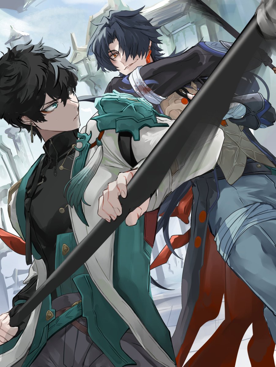 2boys multiple boys black hair male focus hair over one eye holding weapon  illustration images