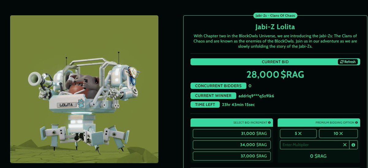 24 HOURS LEFT! 🚨🚨🚨

A Jabi-Z from <a href="/BlockOwls/">BlockOwls</a> auctioned in $RAG <a href="/CryptoRaggies/">CryptoRaggies 😸</a> 

Only at 90 ADA!🙀🙀🙀

cryptoraggies.io/ragalley/aucti…