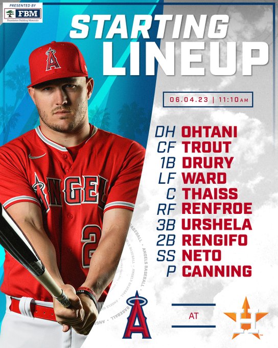 June 4 Lineup: DH Ohtani, CF Trout, 1B Drury, LF Ward, C Thaiss, RF Renfroe, 3B Urshela, 2B Rengifo, SS Neto,  P Canning