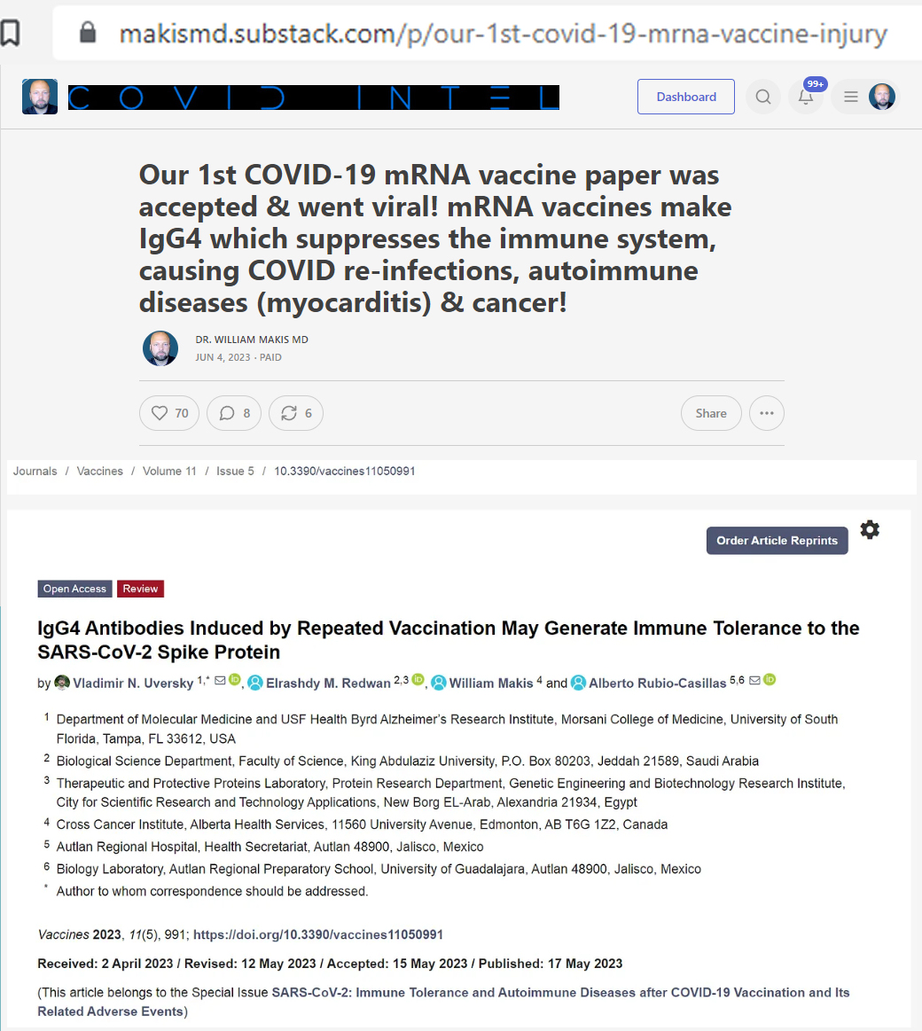 Our 1st COVID-19 mRNA vaccine paper was accepted & went viral! 

mRNA vaccines make IgG4 antibodies which suppress the immune system causing COVID re-infections, chronic infections, autoimmune diseases (myocarditis) & cancer!

Article link in photo:

#DiedSuddenly #cdnpoli #ableg