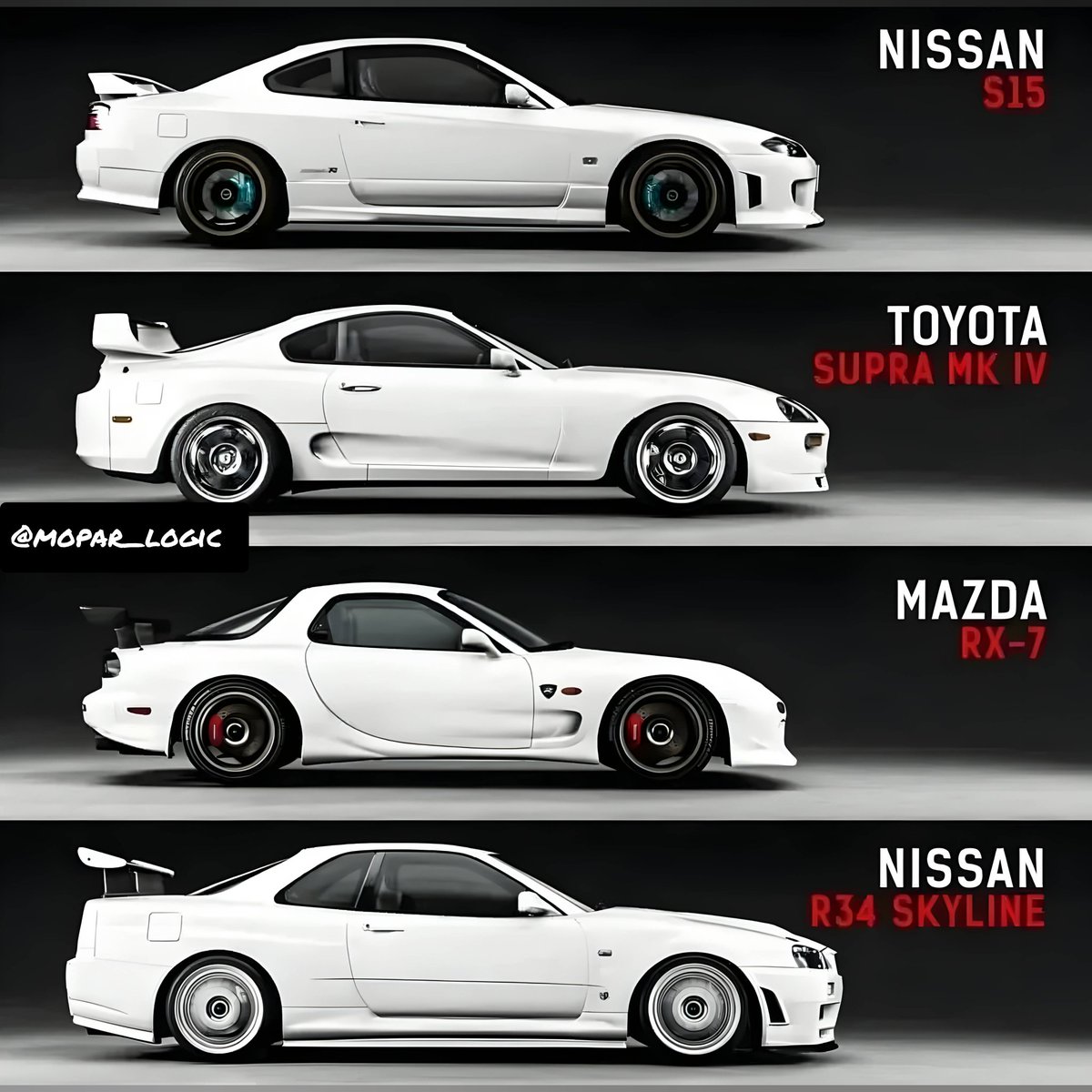 What's your pick??

1 Nissan Sylvia S15
2 Toyota Supra Mk4
3 Mazda Rx7
4 Nissan Skyline GTR R34
#jdm #nismo #rx7 #s15 #supra #gtrr34