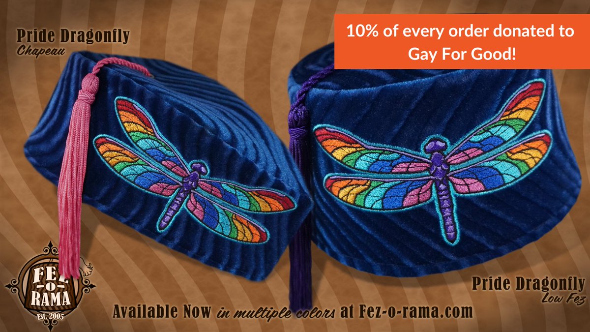 Our friends at <a href="/fezorama/">Fez-o-rama</a> designed this beautiful Pride inspired dragonfly design and 10% of the proceeds for orders made in June are being donated to Gay For Good. 🧡Thanks Fez-o-Rama!

Click here to #ShopForGood: fez-o-rama.com/collections/pr…