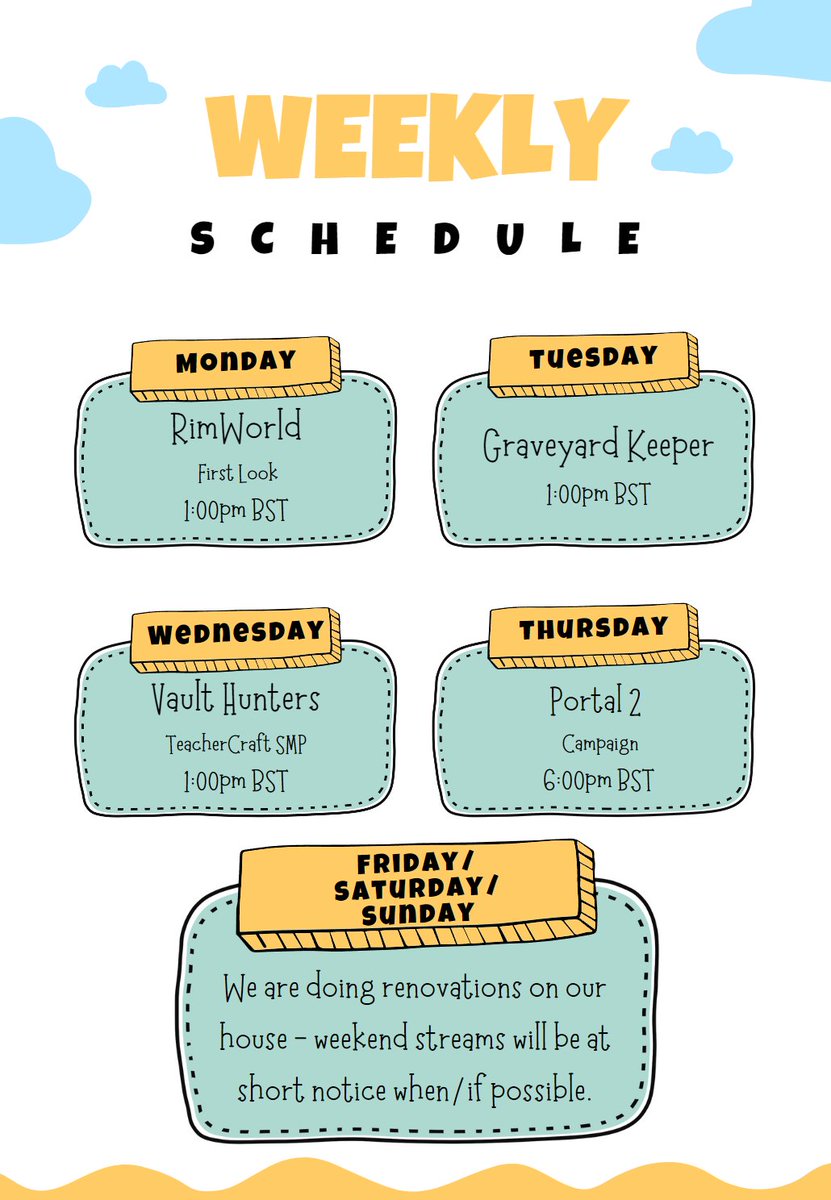 A weird week schedule wise! I am back from my birthday trip but renovations on my house begin Thursday so a few *temporary* tweaks had to be made. Hope to see you all around! Everything should be normal next week 🌻 #Twitch #StreamSchedule