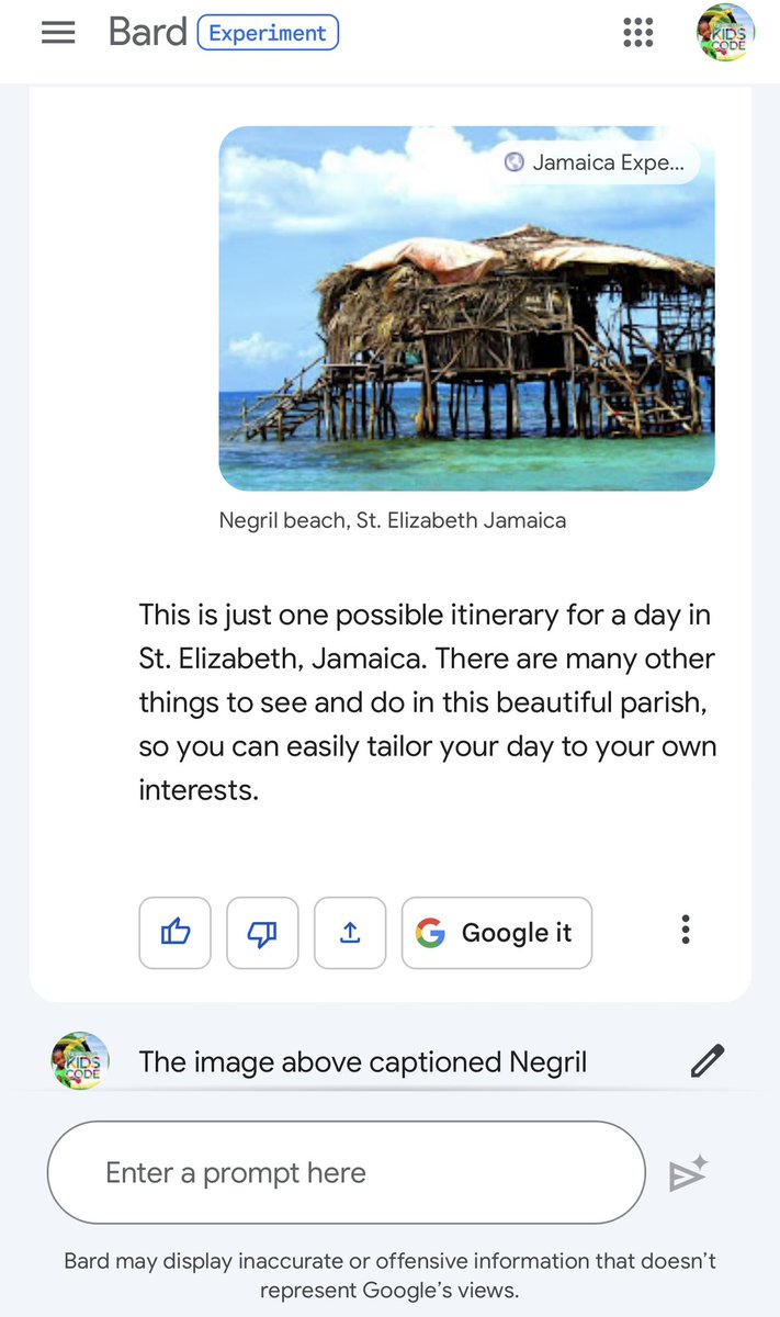 JamaicanVision's tweet image. When you have to tell BARD that #Negril is not in St Elizabeth and Floyd’s is not in Negril. #Jamaica #TrainingAI