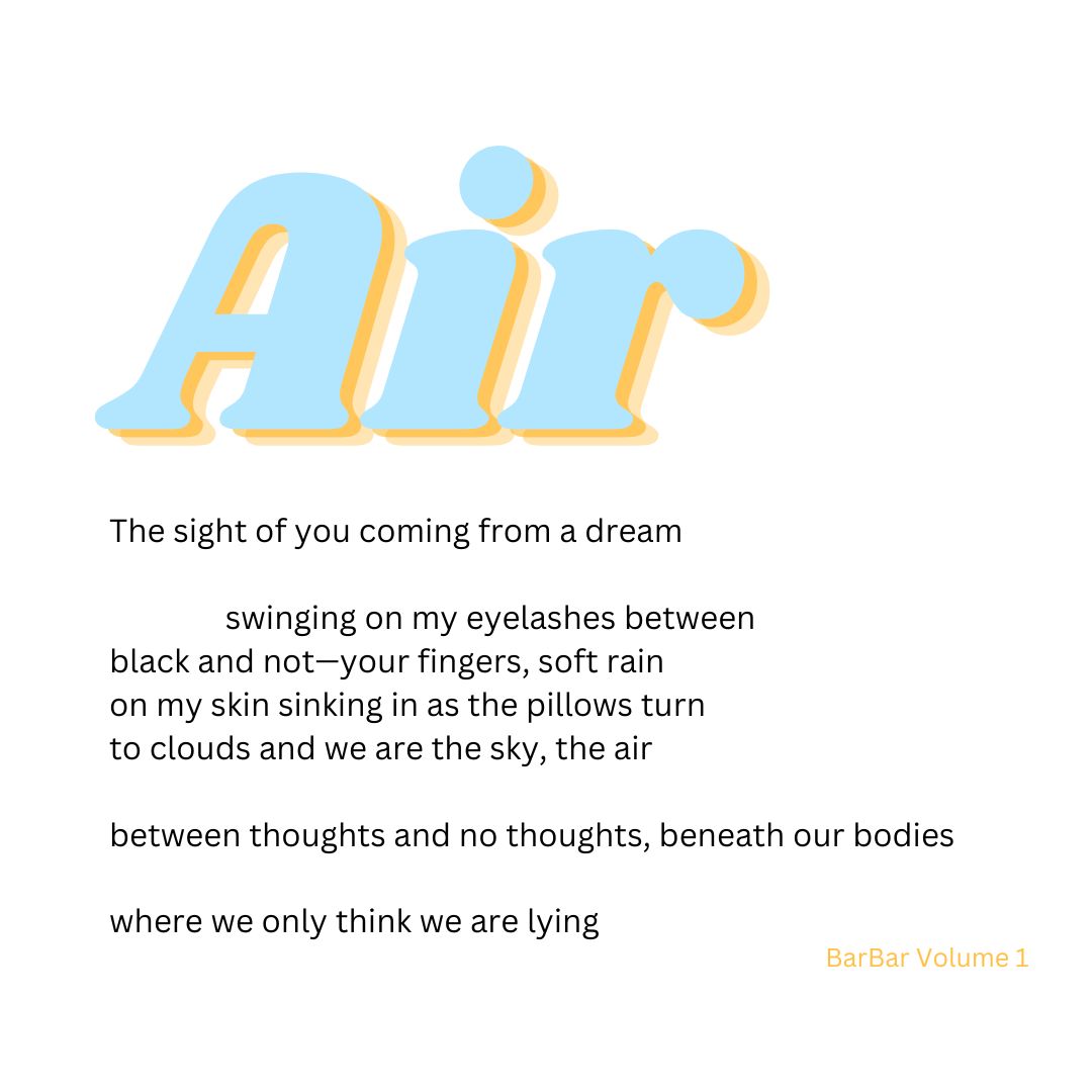 "Air" is a poem published in BarBar Volume I: Dreams of '23. Poet, Margaret Marcum recently graduated from the MFA program at Florida Atlantic University.  She was a finalist for the 2021 Rash Award.
Get your ebook or paperback copy of Dreams of '23 at rb.gy/q02hb