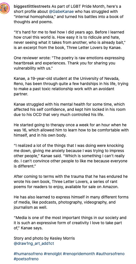 OurTownReno's tweet photo. As part of LGBT pride month here's a photo and short profile by @Kes_Morris about @GabeKanae from #Reno who has turned "internal homophobia" and other challenges into a book you can find on Amazon: https://t.co/mmLmhq4vBi https://t.co/KlNYCZpLyC