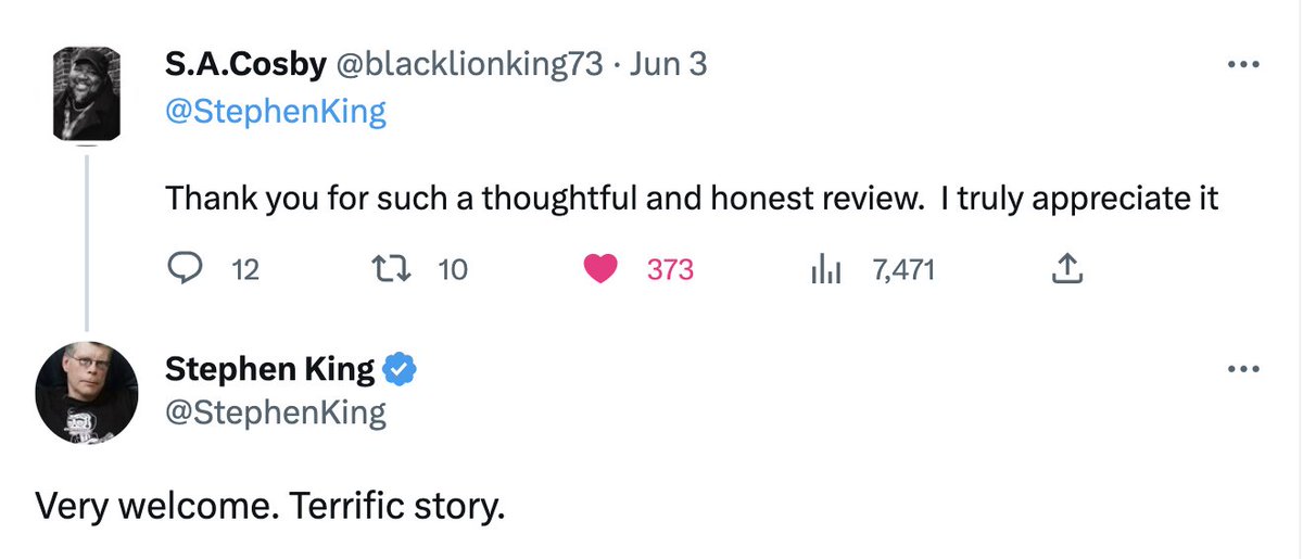 Flatiron Books (@flatironbooks) on Twitter photo Cool seeing the below exchange...
ICYMI: Read this wonderful <a href="/nytimes/">The New York Times</a> review of <a href="/blacklionking73/">S.A.Cosby</a>'s All the Sinners Bleed by the one and only <a href="/StephenKing/">Stephen King</a>.
nytimes.com/2023/06/02/booโฆ
#allthesinnersbleed
#SACosby
#StephenKi Cool seeing the below exchange...
ICYMI: Read this wonderful <a href="/nytimes/">The New York Times</a> review of <a href="/blacklionking73/">S.A.Cosby</a>'s All the Sinners Bleed by the one and only <a href="/StephenKing/">Stephen King</a>.
nytimes.com/2023/06/02/booโฆ
#allthesinnersbleed
#SACosby
#StephenKi