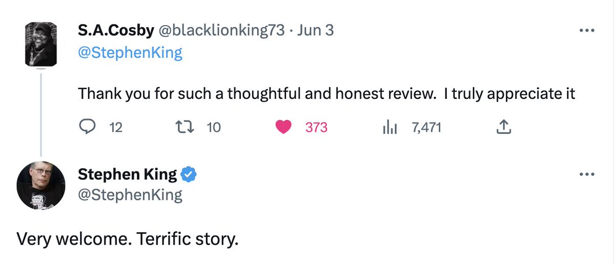 Cool seeing the below exchange... ICYMI: Read this wonderful @nytimes review of @blacklionking73's All the Sinners Bleed by the one and only @StephenKing. nytimes.com/2023/06/02/boo… #allthesinnersbleed #SACosby #StephenKi