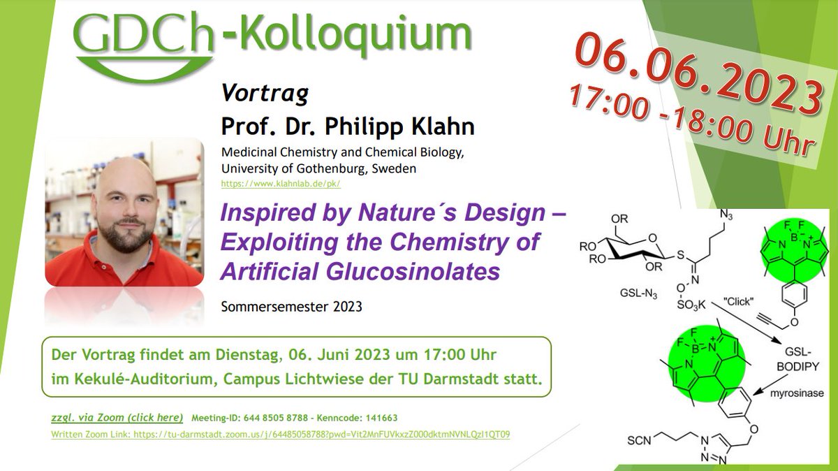 Fuchss_Thomas's tweet image. Philipp Klahn @DocKlahn @goteborgsuni will speak on his favorite: &quot;Inspired by Nature&apos;s Design - Exploiting the Chemistry of Artificial Glucosinolates&quot; @TUDarmstadt June 6, 5pm CEST @GDCh_aktuell lectures. #ChemTwitter #imagingtools @tuBraunschweig
Zoom tu-darmstadt.zoom.us/j/64485058788?…
