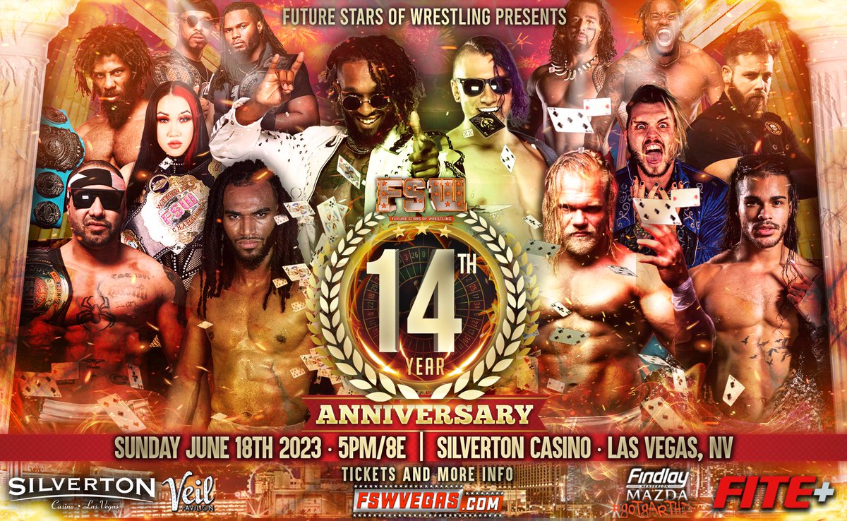 FSWVegas's tweet image. #FSW14 on Sunday June 18 streaming LIVE on @FiteTV+!

💥Tag Titles: #Faction vs #ABC 
💥Women's Title: Viva vs Riveter
💥No Limits: LimeLight vs BYP
💥NV State Title 4-Way
💥Cash in the Case Ladder Match
💥Nick Bockwinkel Memorial Battle Royal + more!

🎟️tinyurl.com/FSW14tix