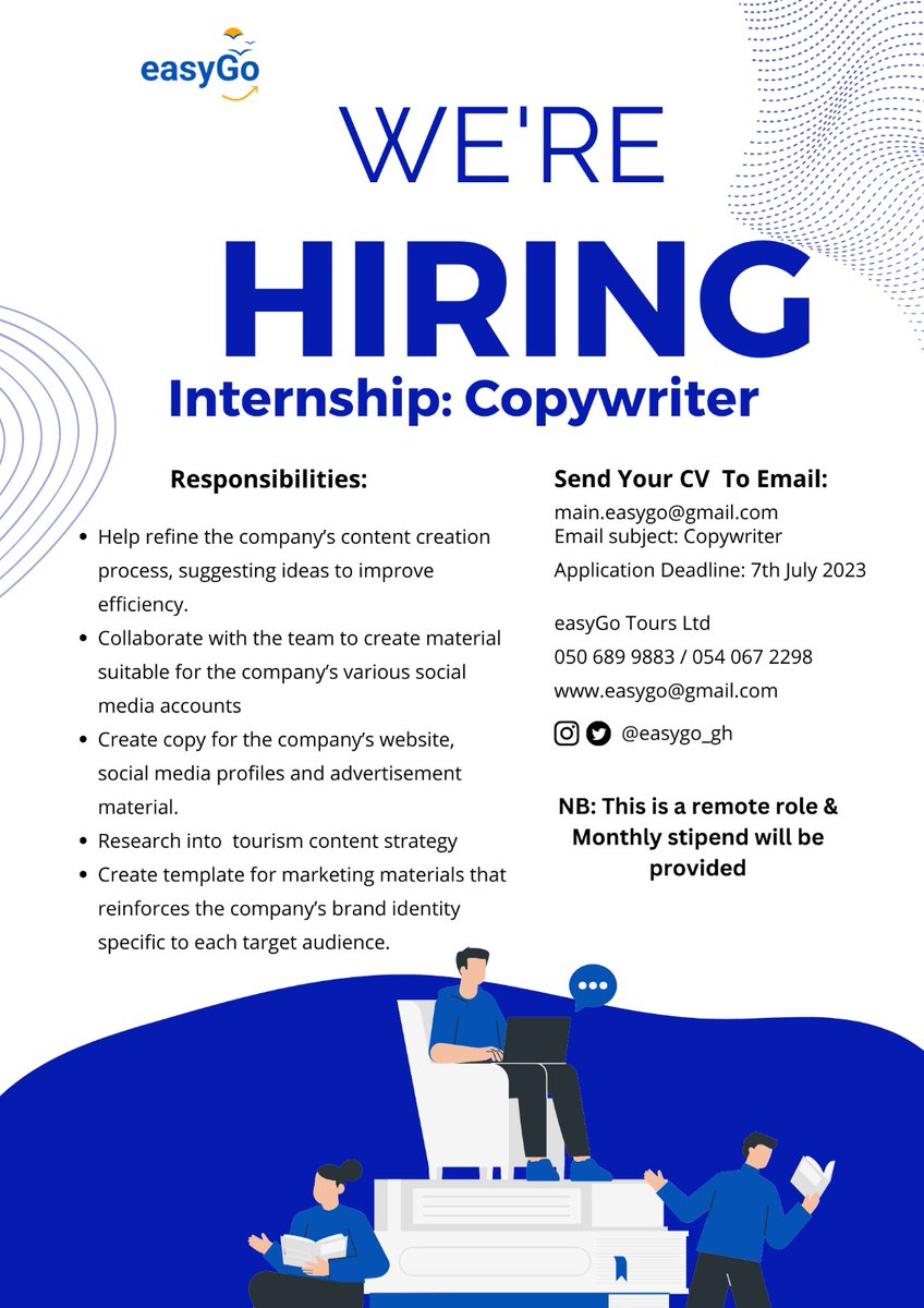 easyGo_gh's tweet photo. Our summer internship programs are opened. Kindly send in your cv and enquires to us via email main.easygo@gmail.com https://t.co/XQcZ1pUTcd