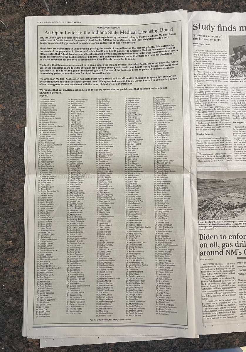 sarahmccammon's tweet image. In a full-page ad in today’s @indystar, 500+ doctors ask Indiana Medical Licensing Board to reconsider censure of Dr. Caitlin Bernard for speaking about providing abortion for young rape victim. My story for @npr: npr.org/transcripts/11…

(Thanks to Dr. Ram Yeleti for the photo)