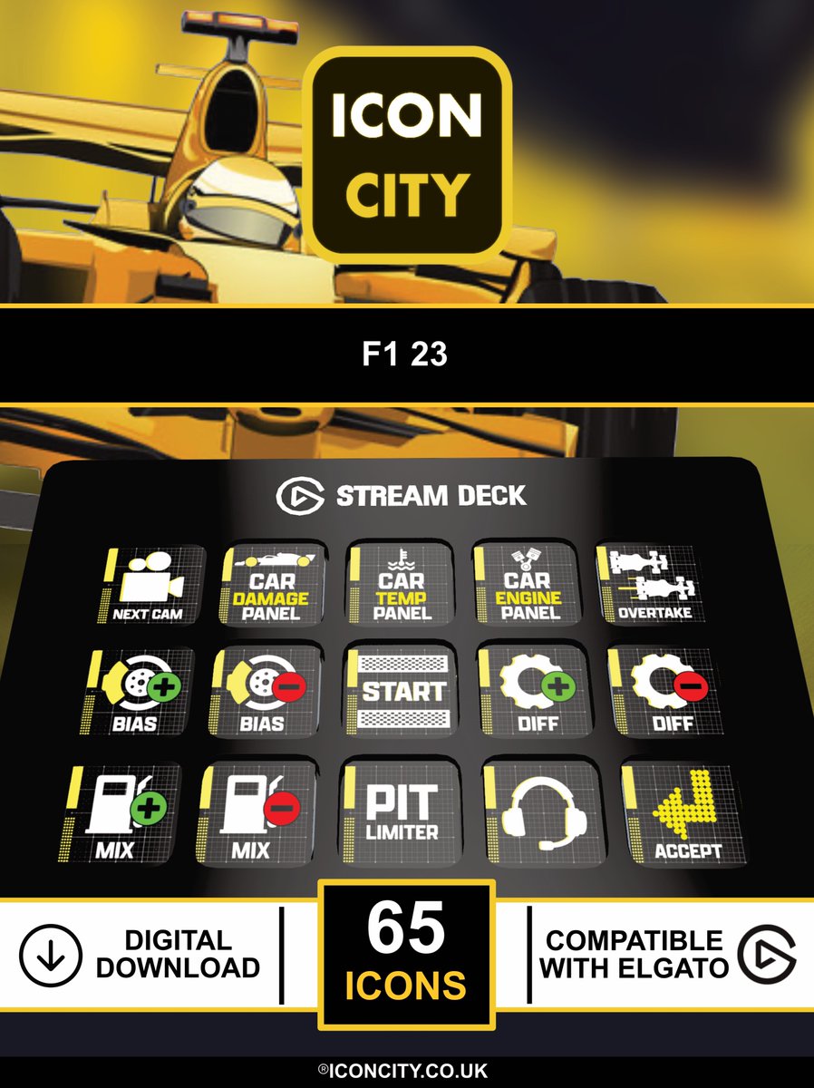 iconcitycom's tweet photo. Are you Ready for F123 from EA?? Get your Stream Deck primed with the Racing iCon Pack from https://t.co/VWzvac3Dv6 - 65+ iCons to get you off the grid super fast - 2 Profiles for Elgato 15&32 StreamDeck included #f123 #elgato #streamdeck #racing #simracing #simsport #pcgamer @elgato