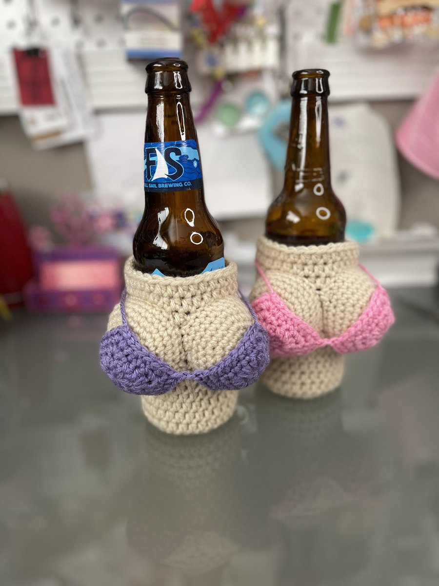 These 2 #boob #cozies are off. To order, Pm me. I have a #free #crochet #pattern on my website & #video #tutorial on my #youtube #channel. #kittyskreationsboutique #handmade #diy #hobby #craft #freecrochetpattern #cozy #beer #can #bacheloretteparty #bachelorparty