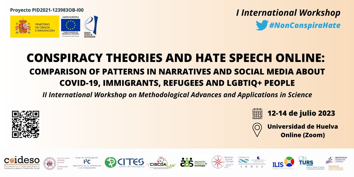 AMPLIACIÓN DEL PLAZO DEL CALL FOR PAPERS: 9 DE JUNIO DE 2023 *** I INTERNATIONAL WORKSHOP ON CONSPIRACY THEORIES AND HATE SPEECH ONLINE (Universidad de Huelva &amp; Online, 12-14 de julio, 2023) #NonConspiraHate
eventos.uhu.es/go/nonconspira…
<a href="/GrupoESEIS/">ESEIS</a> <a href="/coideso/">COIDESO</a> <a href="/UniHuelva/">Universidad de Huelva</a> Sigue el hilo🧵
