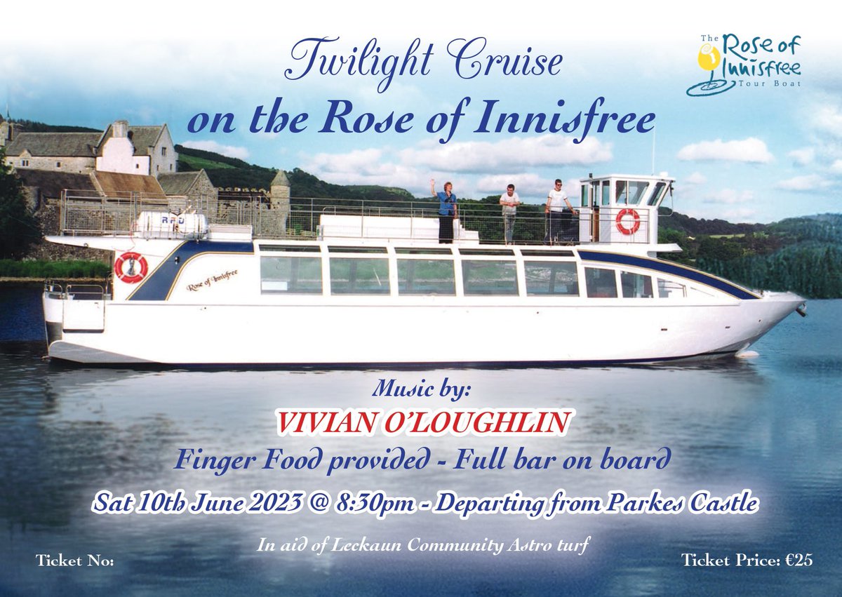 @LeckaunNS PA - Twilight Cruise -Rose of Innisfree Tour Boat - Lough Gill 🌅🛳️ Sat. 10.06.2023, 8.50pm, Parkes Castle  Music 🎶 by Vivian O’Loughlin Finger Food - Full Bar on Board  Tickets €25 Contact PA/school to purchase/support @LeitrimLive @DiscoverIreland @DromahairT1