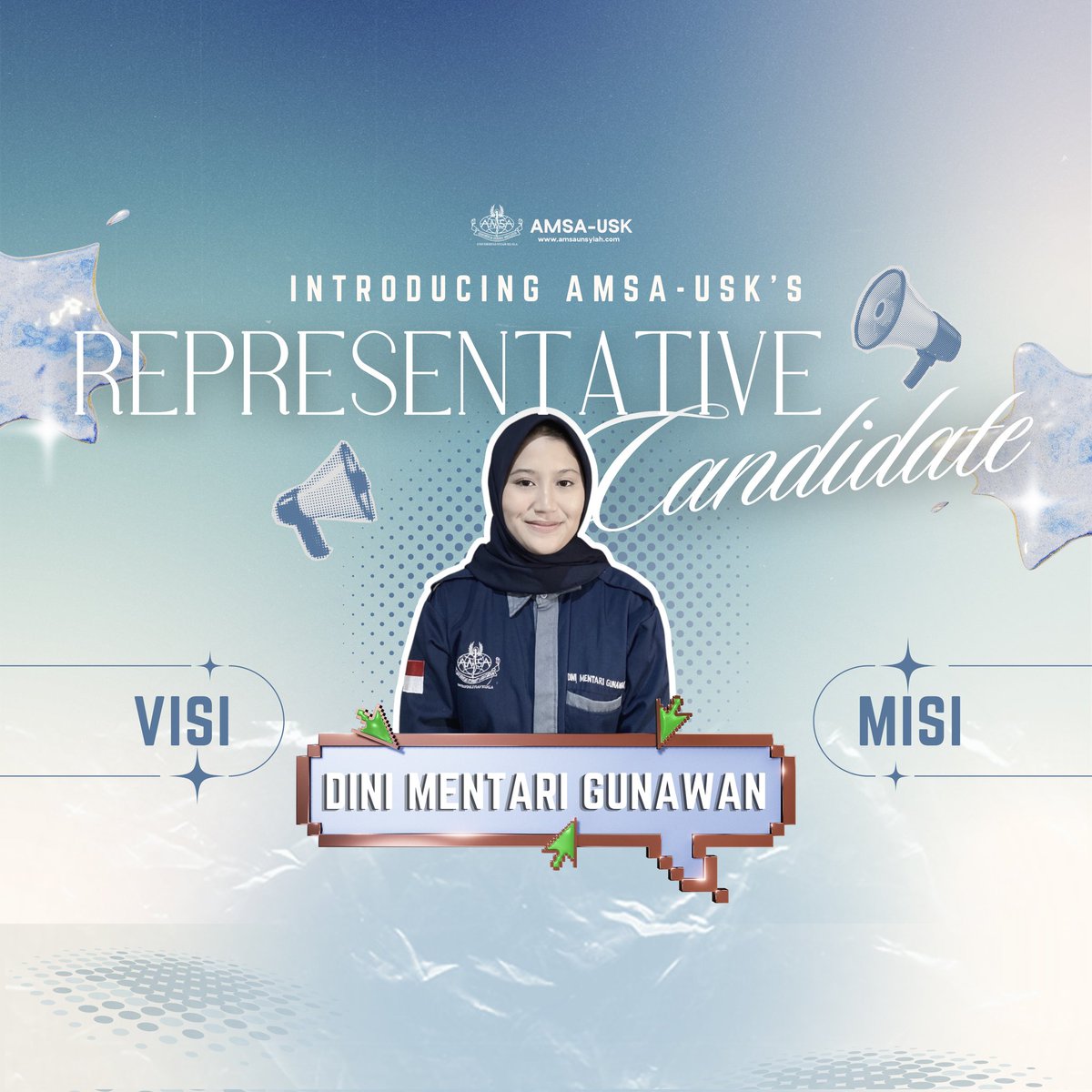 AMSAUSK's tweet photo. Dear, people of tomorrow!👋🏻
Berikut kandidat Representative of AMSA-USK 2023/2024, Dini Mentari Gunawan angkatan 2021.
Ayo dukung Dini sebagai Representative of AMSA-USK 2023/2024!
They Call it Organization, We Call it Family
Viva AMSA!!
#AMSAUSK
#AMSAIndonesia https://t.co/qFpEQailEv